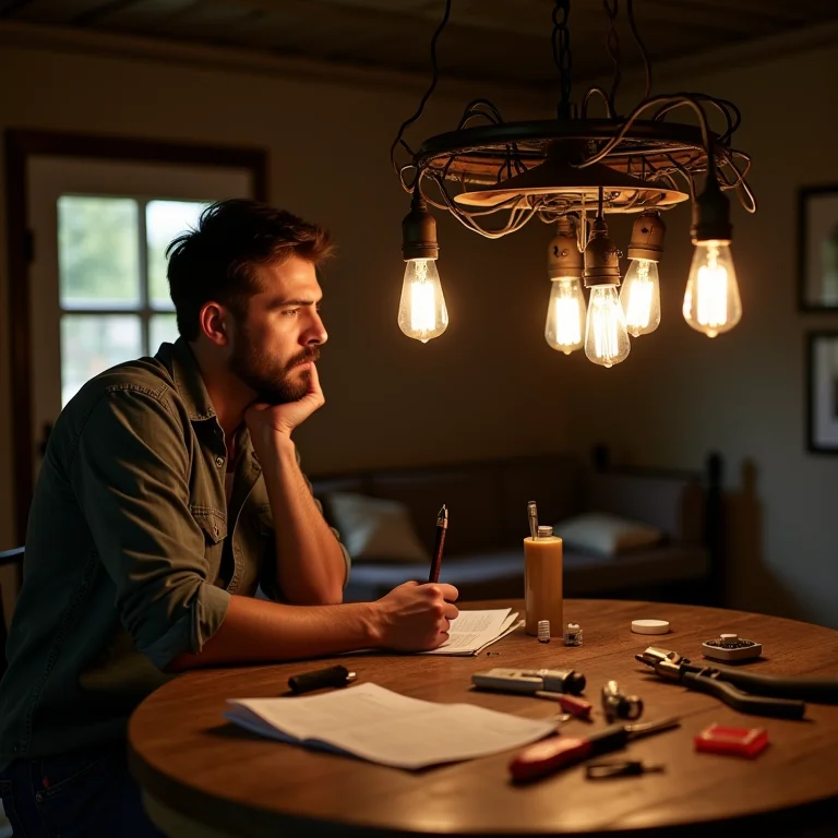 Pessoa confusa tentando instalar um lustre rústico.