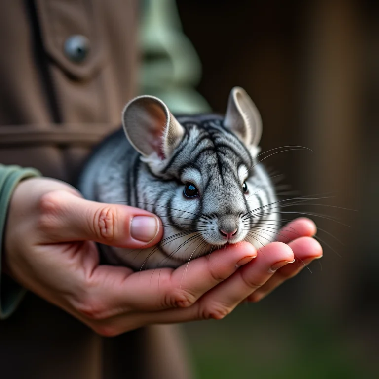 Pessoa inspecionando chinchilas para compra em uma criação.