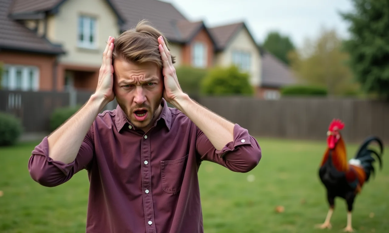 Pessoa irritada cobrindo os ouvidos com um galo cantando por perto.