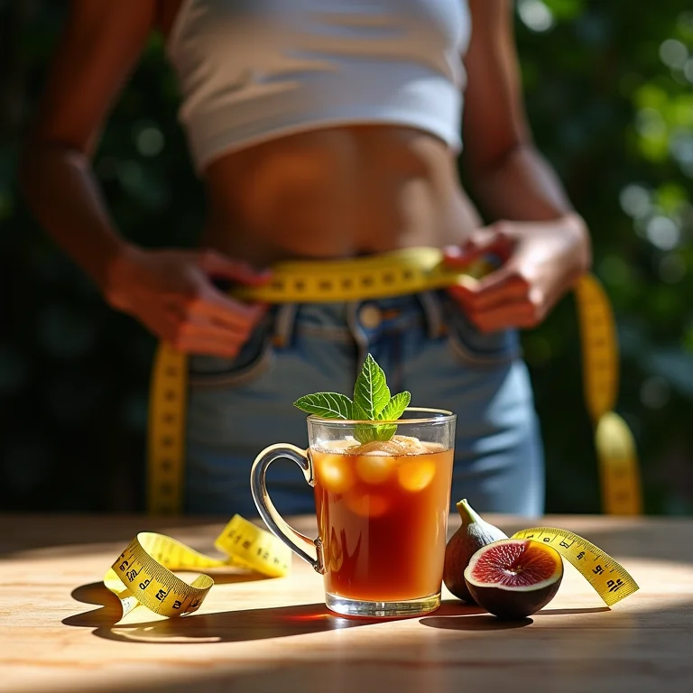 Pessoa medindo a cintura com chá de figo ao lado.