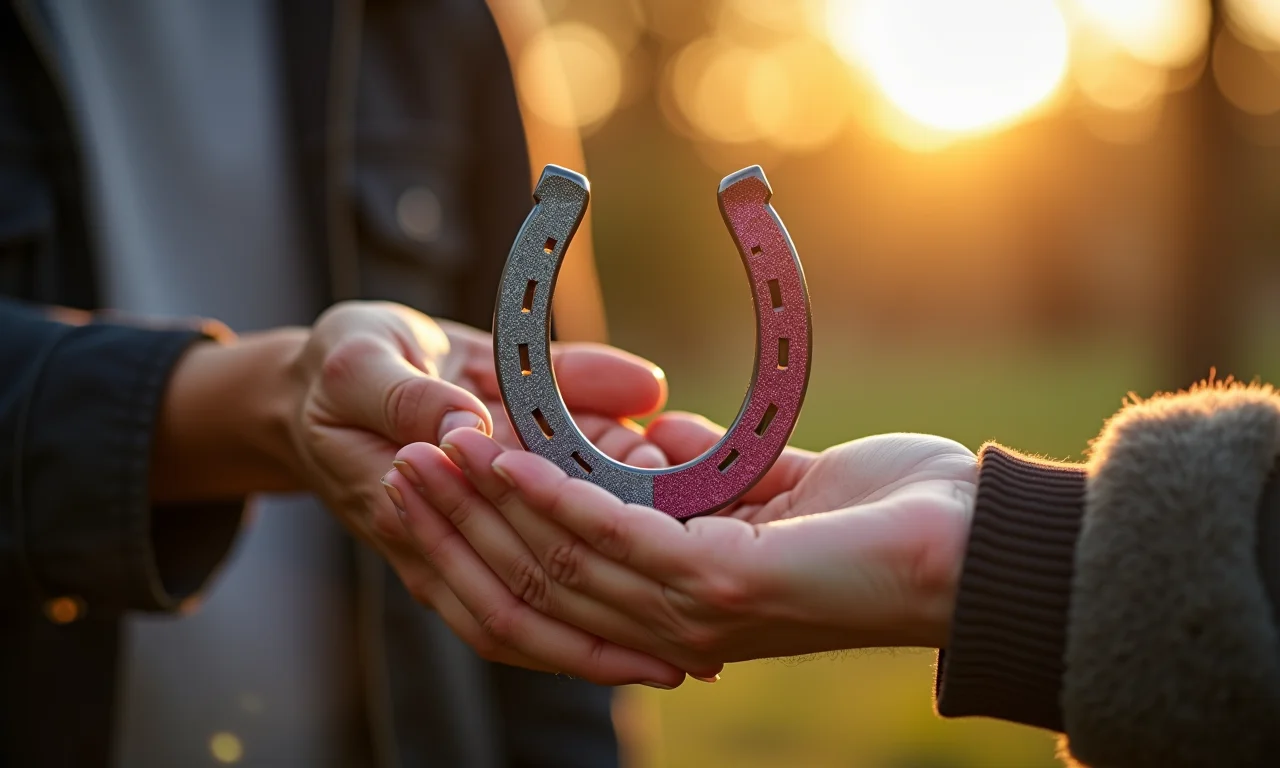 Pessoa presenteando outra com ferradura decorada.