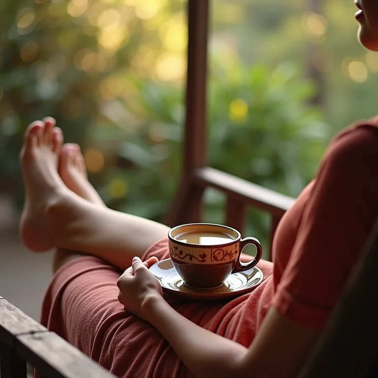 Pessoa relaxando com uma xícara de chá chai em um balanço na varanda.