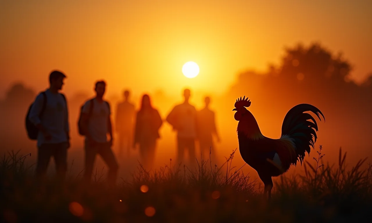 Pessoas acordando com o nascer do sol e o canto do galo.