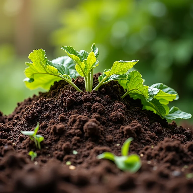 Pilhas de compostagem com folhas e ramos podados de hortaliças.