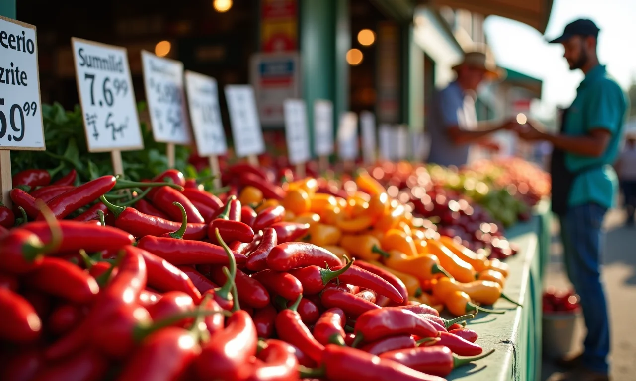 Pimentas colhidas com etiquetas de preço, agricultor negociando com comprador no mercado.