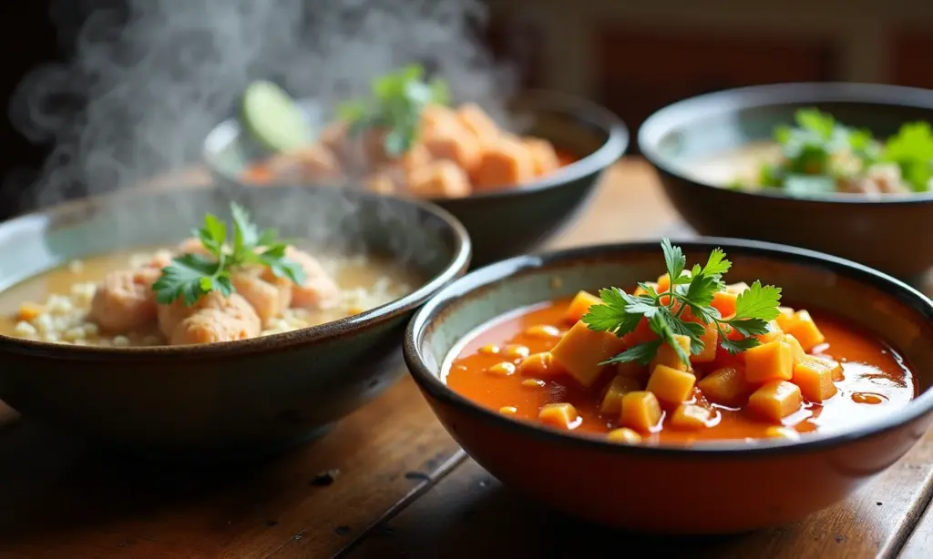 Pirão de peixe cremoso ao lado de moqueca baiana fumegante.