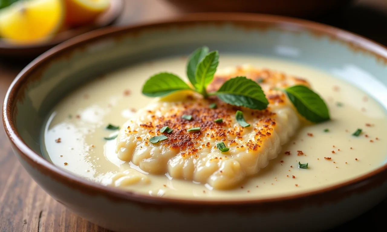 Pirão de peixe liso e sem grumos em uma tigela.