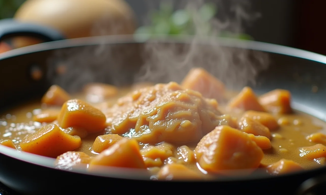 Pirão de peixe sendo mexido na panela, no ponto ideal.