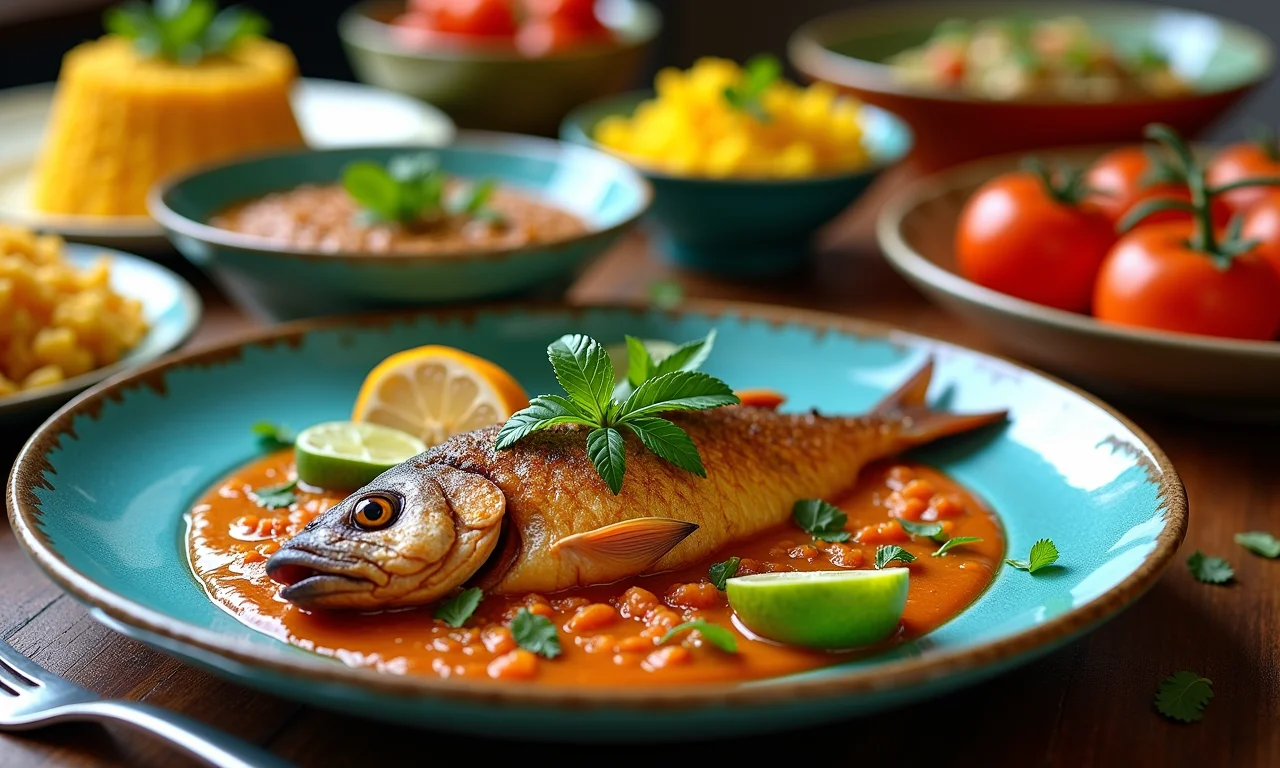 Pirão de peixe servido com moqueca, arroz e salada.