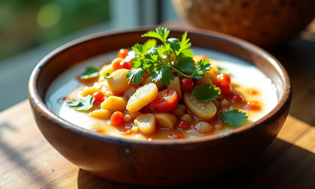 Pirão vegano com ingredientes vegetais e leite de coco.