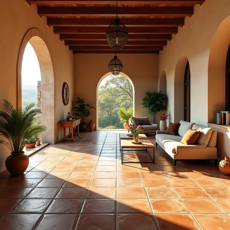 Piso de cerâmica rústica em uma sala de estar de fazenda
