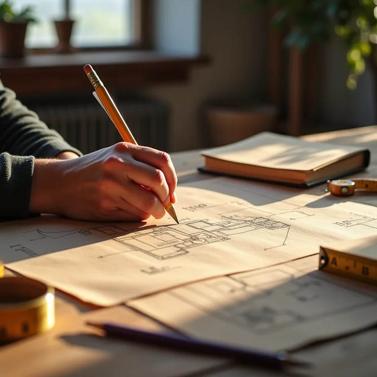 Planejamento da construção de um fogão a lenha em uma mesa de madeira