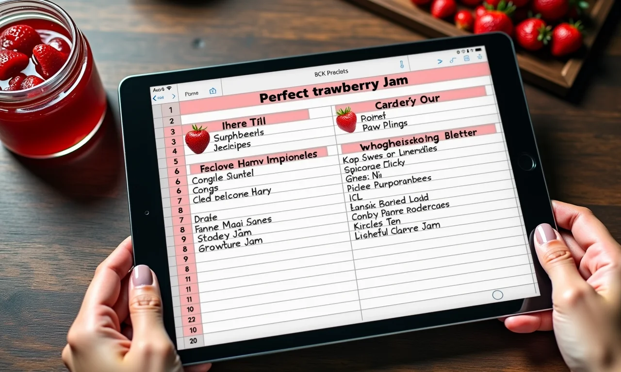 Planilha resumo com receita perfeita de geleia de morango em tablet.