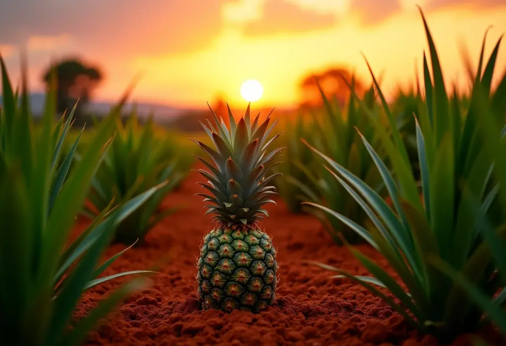 Plantação de abacaxi ao pôr do sol em Minas Gerais.