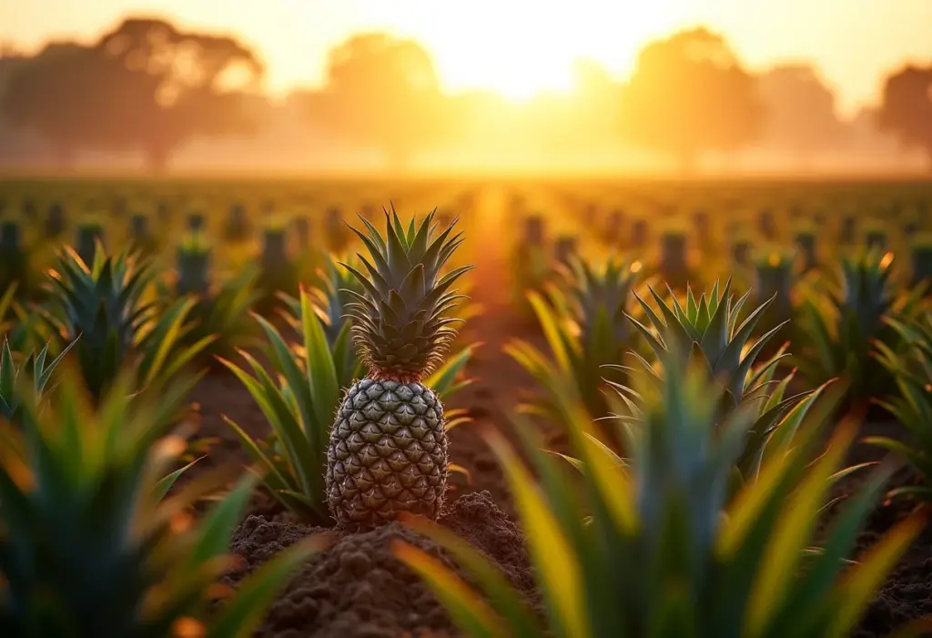 Plantação de abacaxi em campo aberto sob a luz do sol poente.