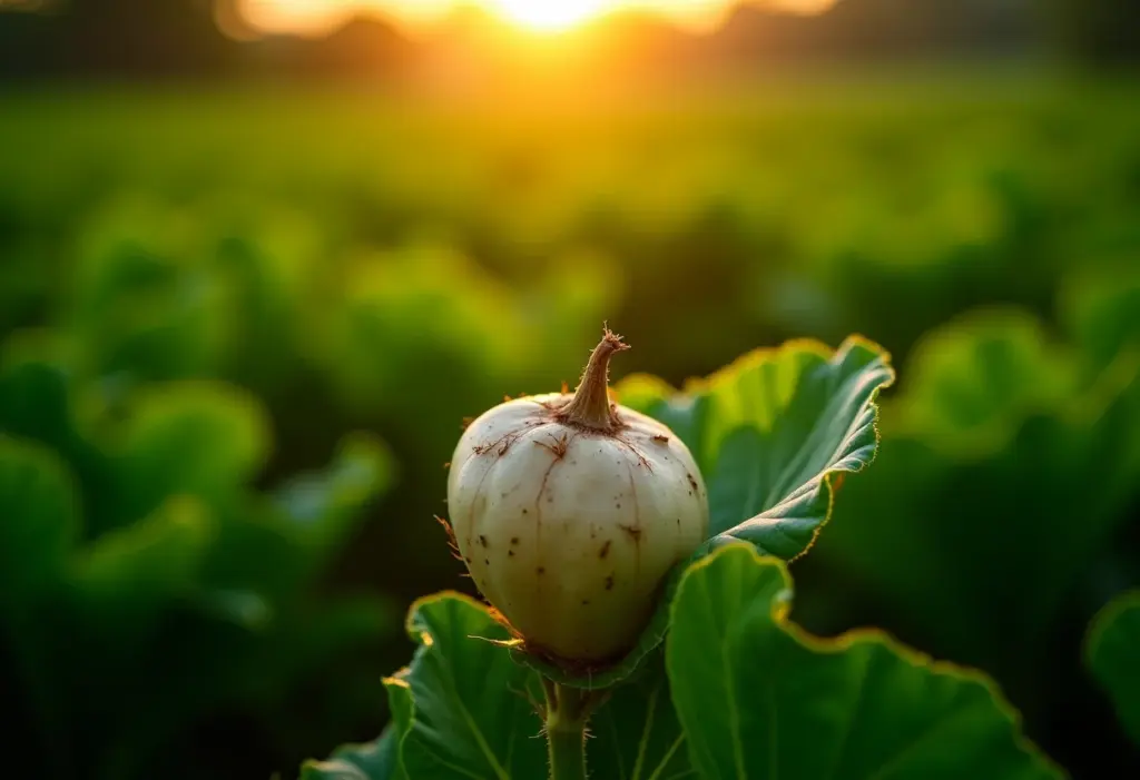 Plantação de inhame e cará exuberante sob a luz dourada do sol.