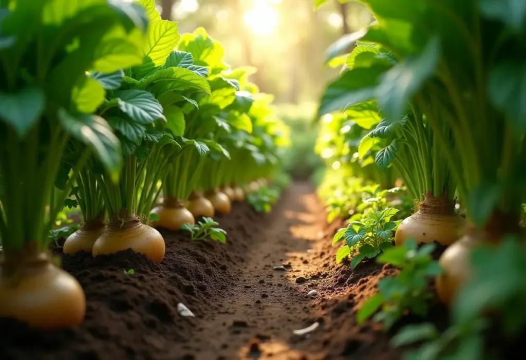 Plantação exuberante de inhame e cará em horta ensolarada