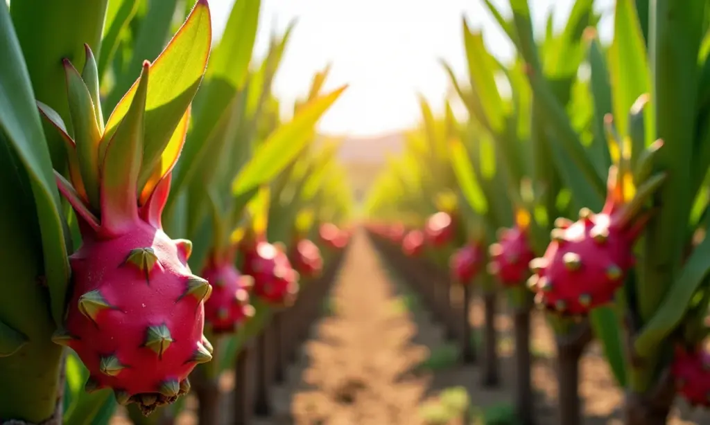 Plantação exuberante de pitaya vermelha sob a luz do sol.