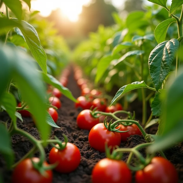Plantas como tomates e pimentões crescendo vigorosamente após serem adubadas com cinzas de madeira.