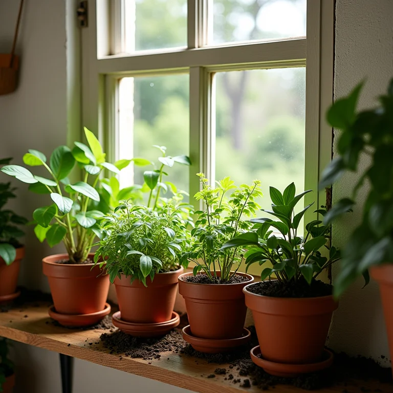Plantas crescendo em vasos e jardineiras com turfa.