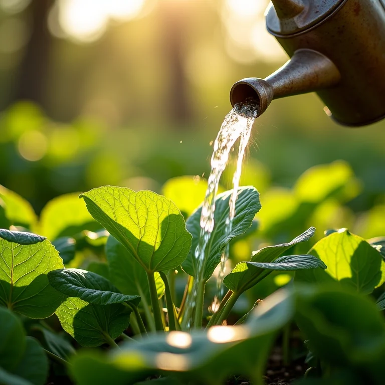 Plantas de inhame sendo regadas com um regador de zinco.