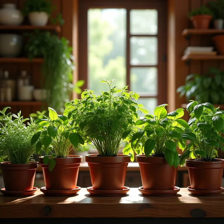 Plantas e ervas aromáticas em cozinha rústica.