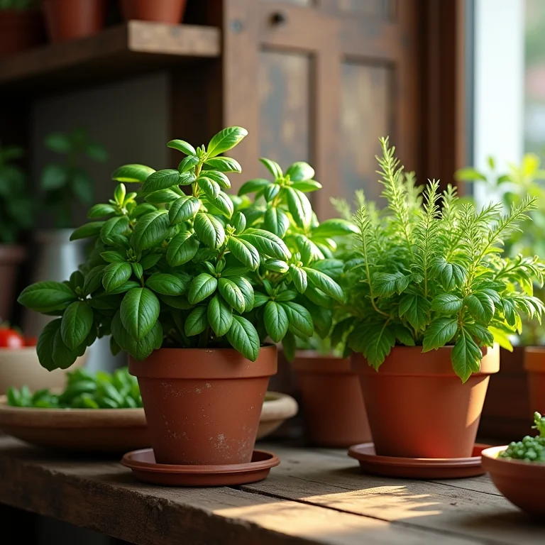 Plantas e ervas aromáticas em uma despensa rústica.