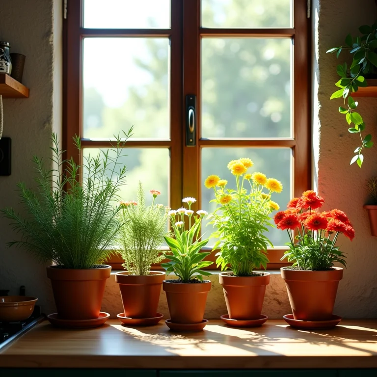 Plantas e flores na decoração da cozinha rústica.