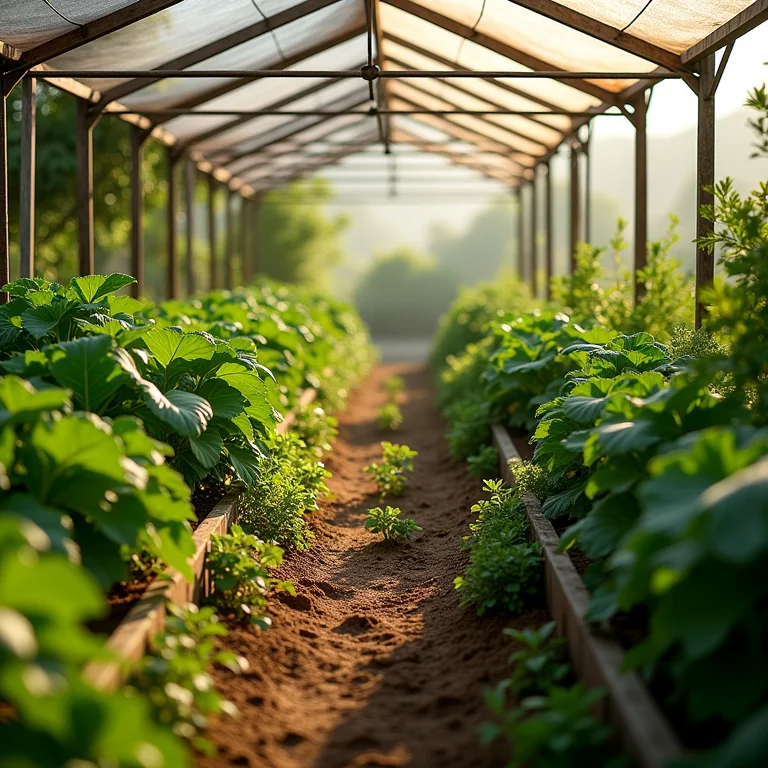 Plantas exuberantes se beneficiando das telas de sombreamento.