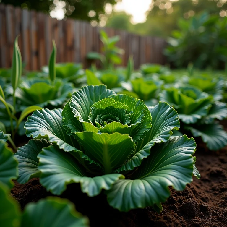 Plantas ideais para solo argiloso, como couve, feijão e milho, crescendo em um jardim bem cuidado.