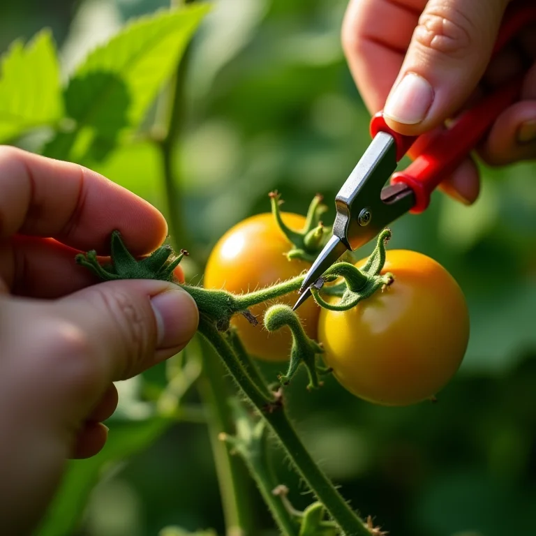 Podando os brotos ladrões de uma planta de tomate.