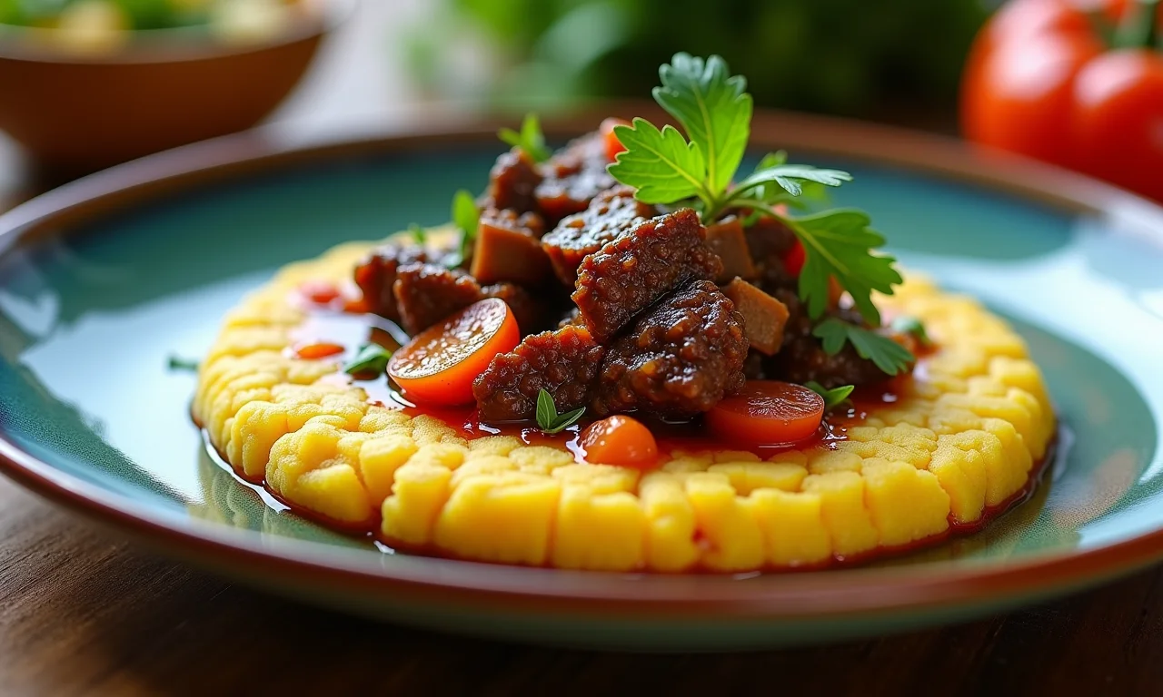 Polenta com ossobuco em prato de cerâmica artesanal.