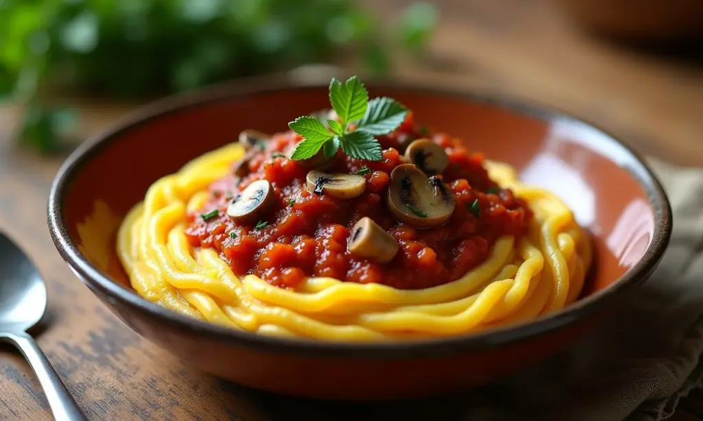 Polenta cremosa com ragu de cogumelos, receita vegetariana e saborosa.