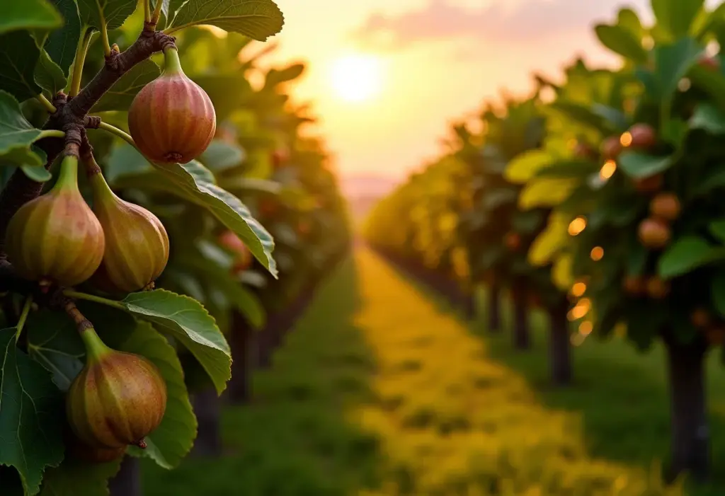 Pomar de figueiras maduras ao entardecer em Minas Gerais