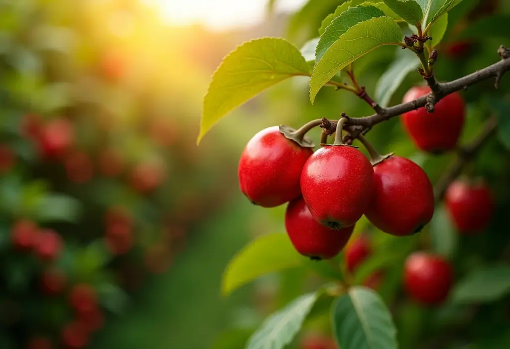 Pomar de pitanga com frutos maduros em dia ensolarado