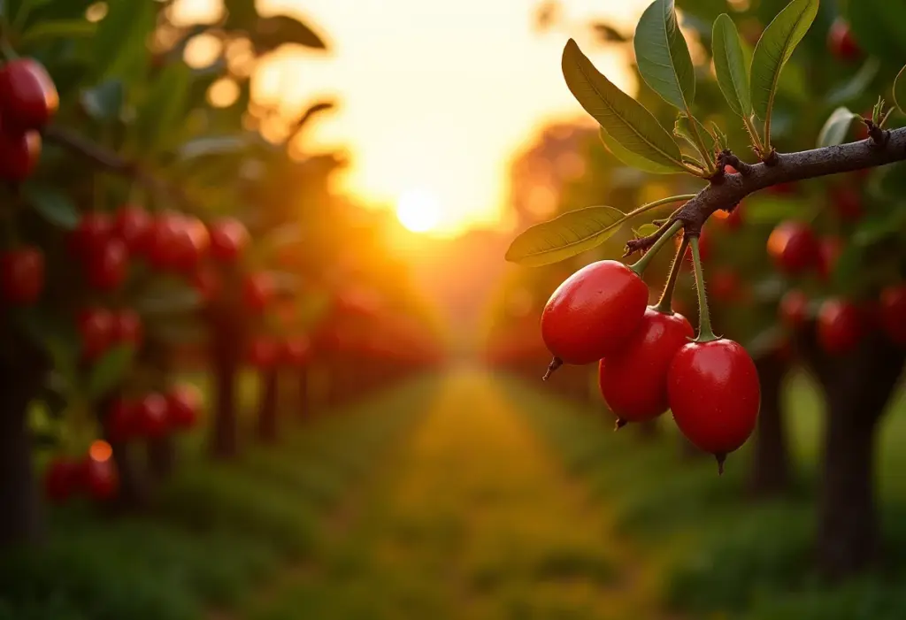 Pomar de pitangas maduras sob a luz do sol