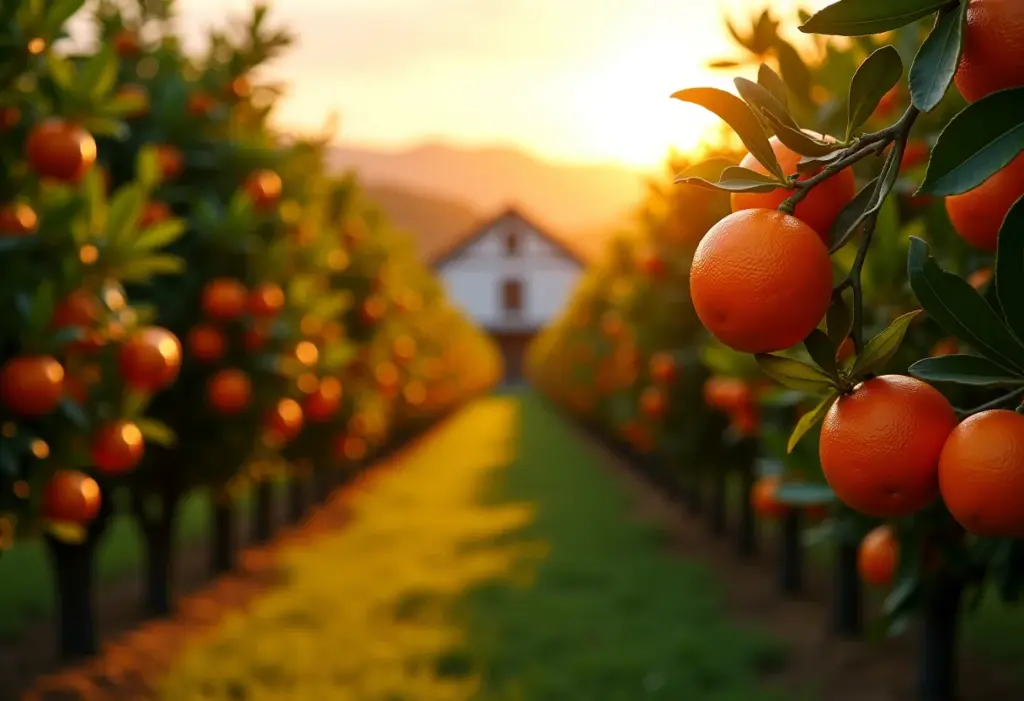 Pomar de tangerina ponkan exuberante ao entardecer.