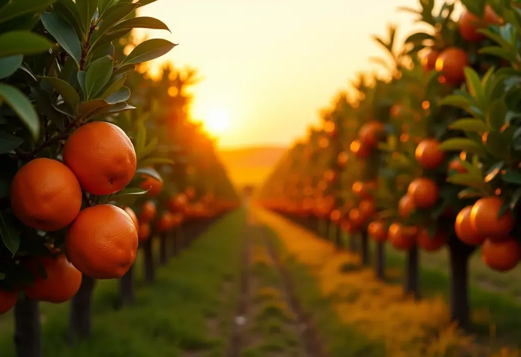 Pomar de tangerina ponkan maduras em dia ensolarado