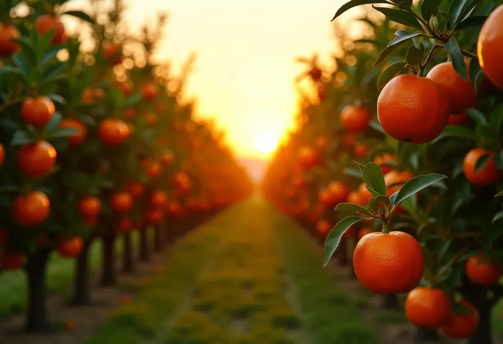 Pomar de tangerinas ponkan maduras ao pôr do sol.