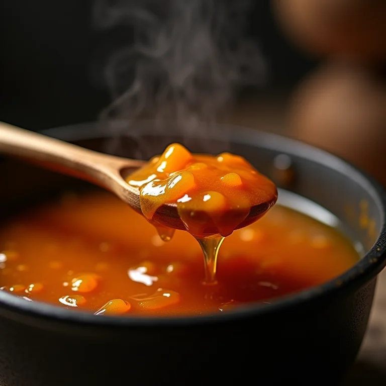 Ponto do doce de mangaba sendo testado com uma colher de pau.