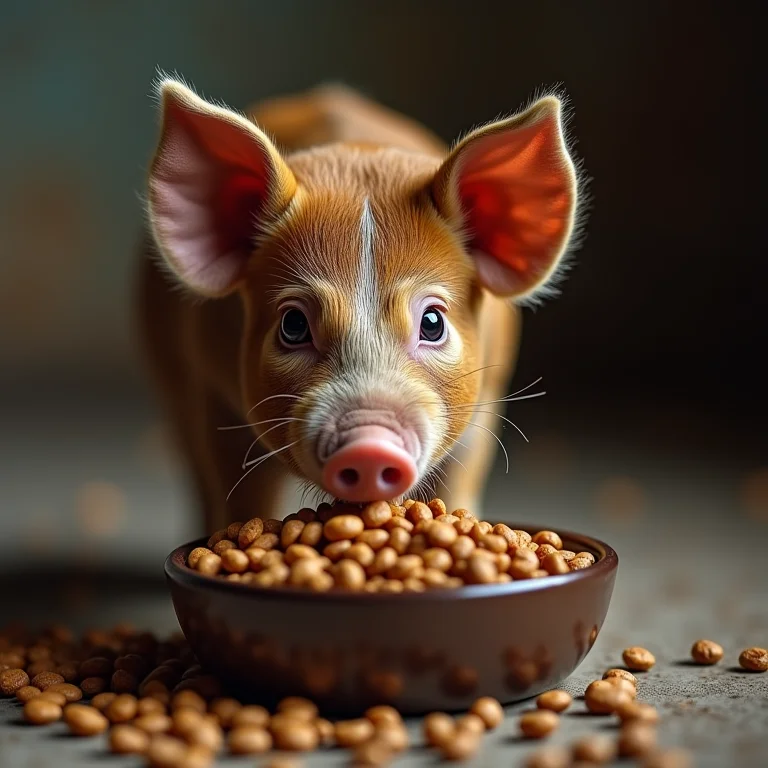 Porco vietnamita cheirando ração de cachorro.