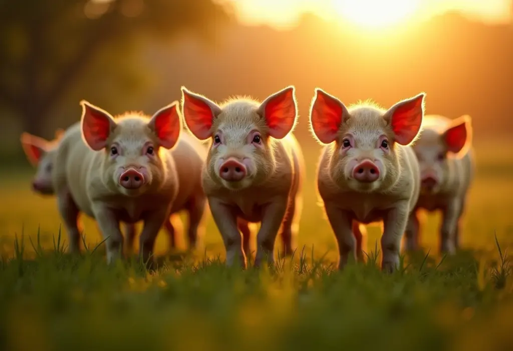 Porcos vietnamitas em pasto verde.