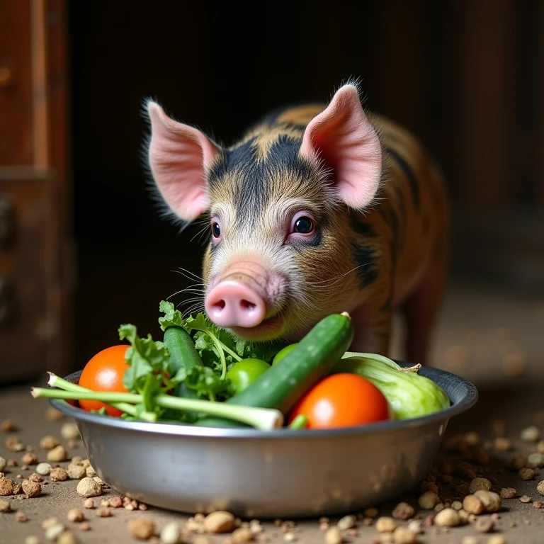 Porquinho vietnamita se alimentando com ração e vegetais