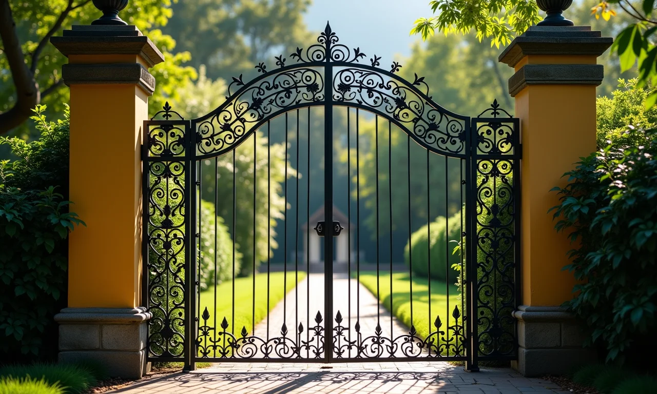 Portão de ferro elegante com detalhes intrincados, emoldurando um jardim exuberante.