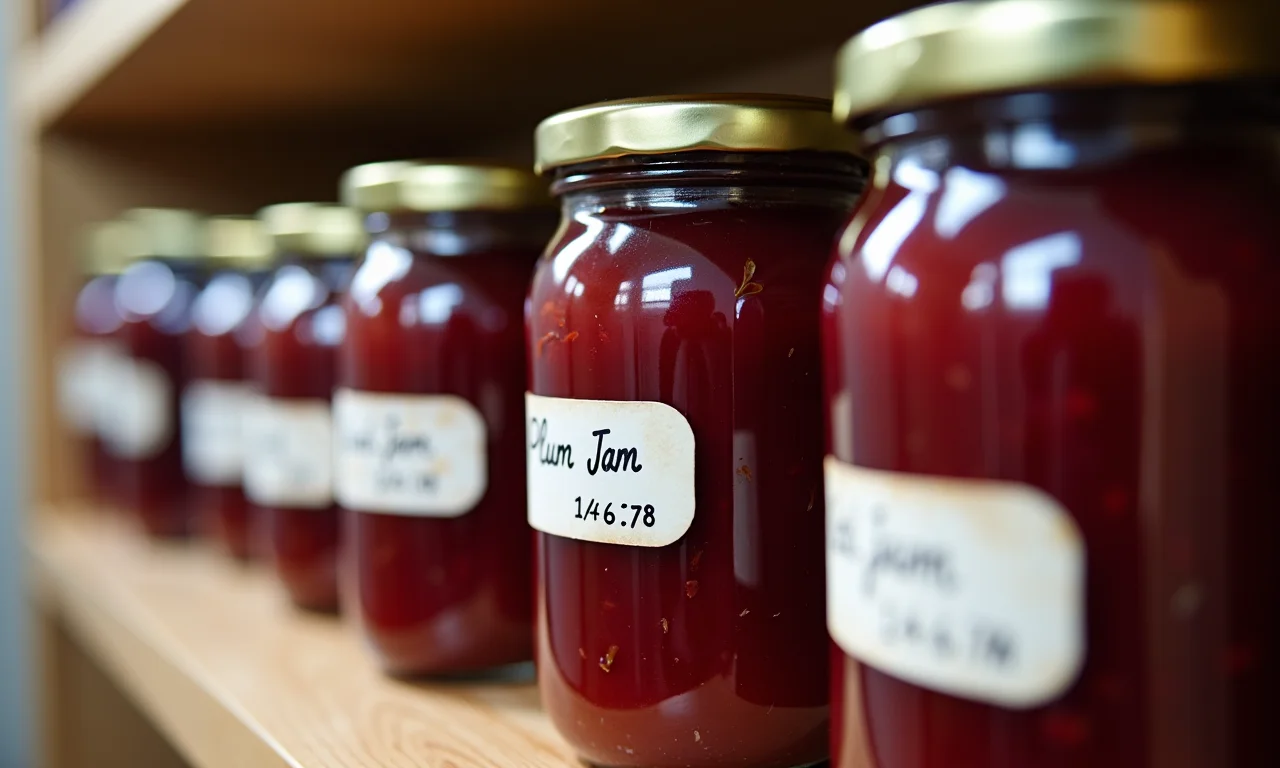 Potes de geleia de ameixa caseira enfileirados em prateleira.