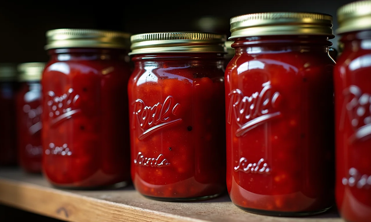 Potes de geleia de morango armazenados em despensa escura e fresca.