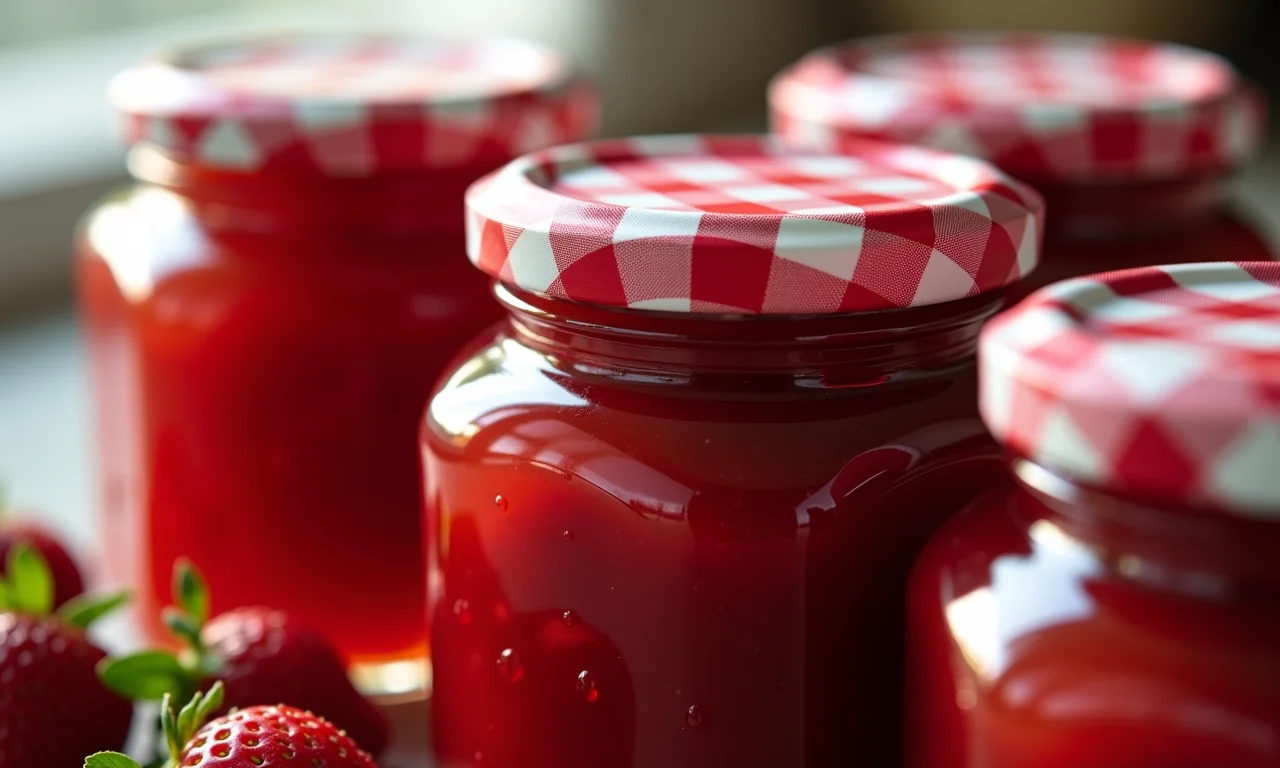 Potes de geleia de morango caseira com data de validade.
