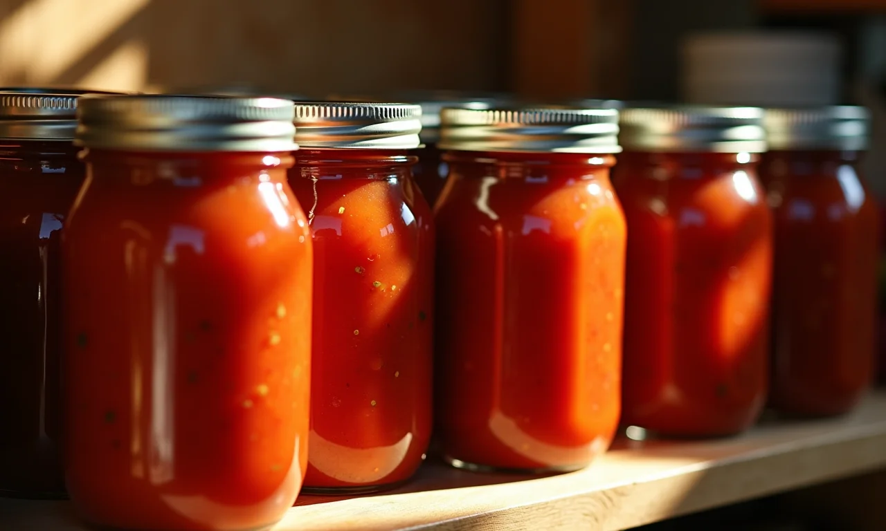 Potes de vidro com molho de tomate caseiro enfileirados na despensa.