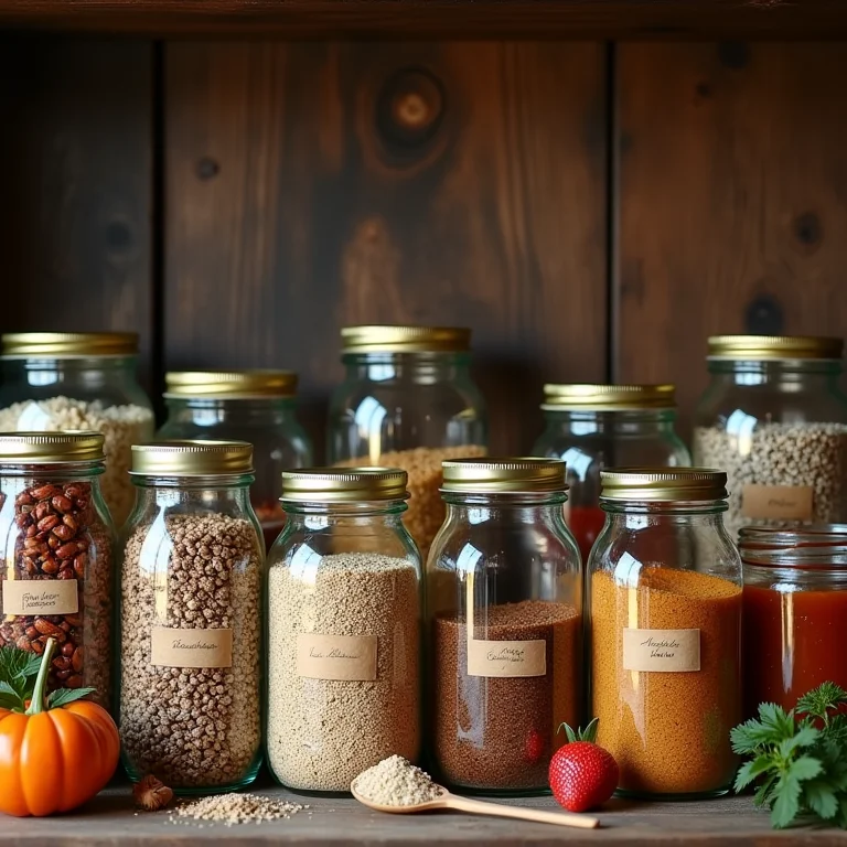 Potes de vidro organizados em uma despensa rústica.
