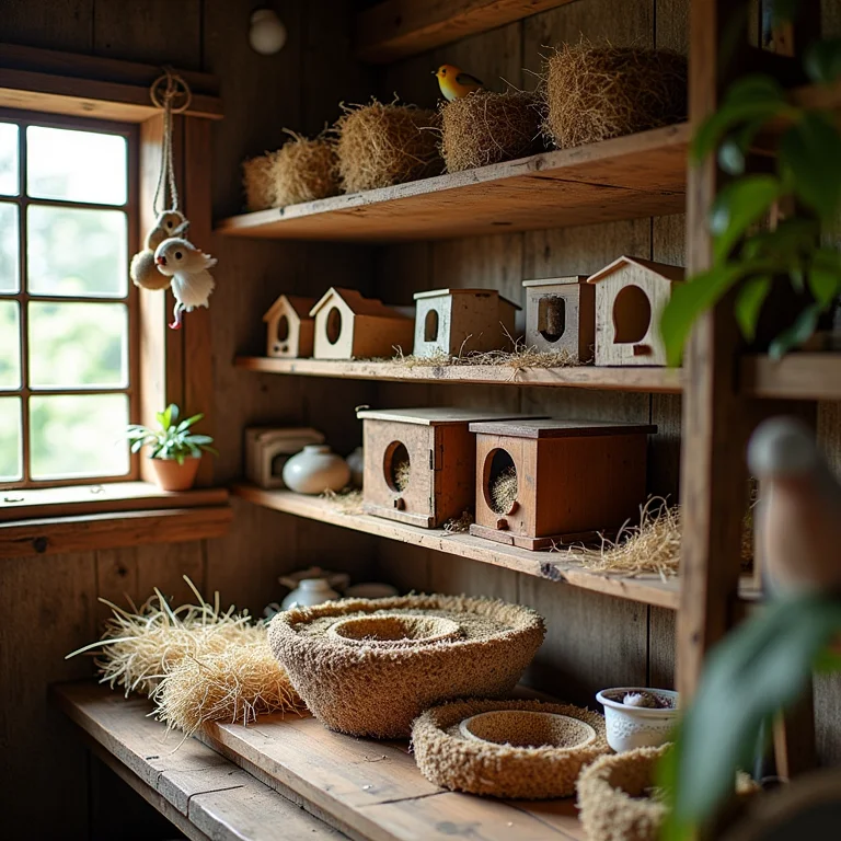 Prateleira de loja de animais com ninhos para calopsitas